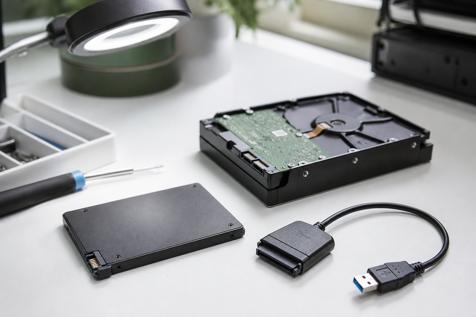 Hard drive and SSD on a diagnostic bench