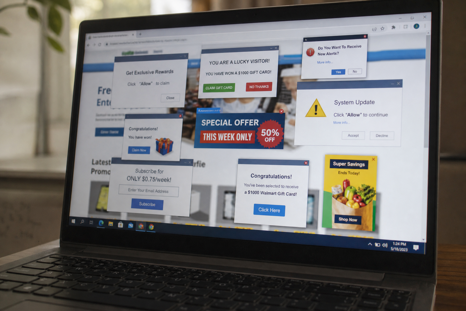 Laptop screen with pop-up malware